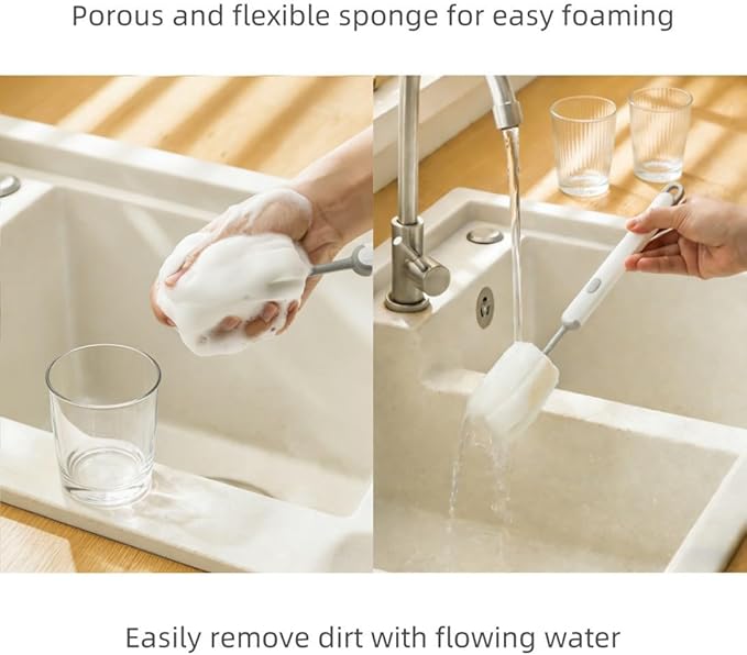 Bottle Brush Long Handle Cup Cleaner Brush Sponge Bottle Scrubber Detachable Handle Portable Sponge Cleaning Brush for Cups Wine Glasses Water Bottles Baby Bottles and Vacuum Flasks (Grey)