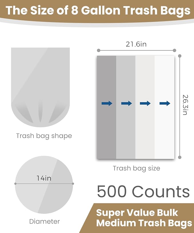 Charmount Medium Trash Bags 6-8 Gallon - 500 Count Super Value Bulk Pack | Unscented White Plastic Wastebasket Liners for Bathroom, Kitchen, Mini Garbage Cans or Bins
