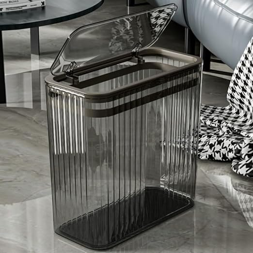 Transparent Trash Can, Bathroom Trash Cans with Lids, 3.5 Gallon Garbage Can for Bedroom, Office, Plastic Slim Waste Basket with Press Top Lid, 15L Clear Trash Bin for Home, Kitchen (Gray)