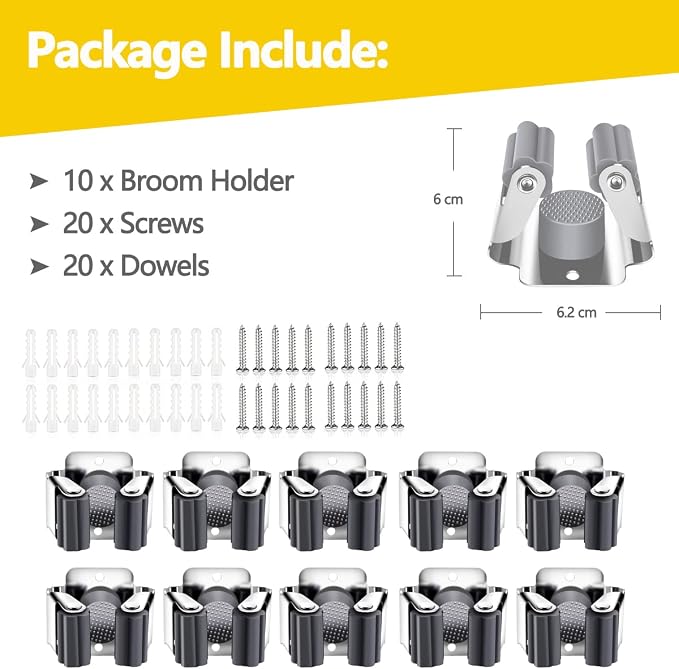Verdenu 10 Pack Broom Holder Wall Mount, Mop and Broom Holder Wall Mount, Stainless Steel Command Broom Holder with Screws, Garden Tool Storage Organizer for Kitchen, Home, Bathroom, Garage, Grey