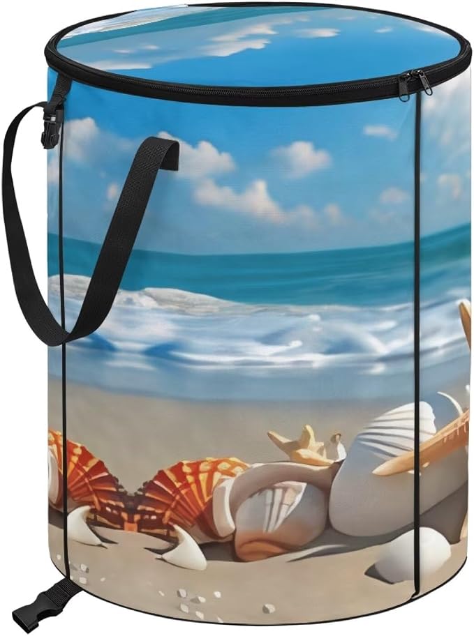 Beach Starfish Shell Collapsible Trash Can 24 Gallon Pop-Up Outdoor Garbage Can with Handles Waterproof Lightweight Storage Bag with Lids for Camping, Backyard, Hiking