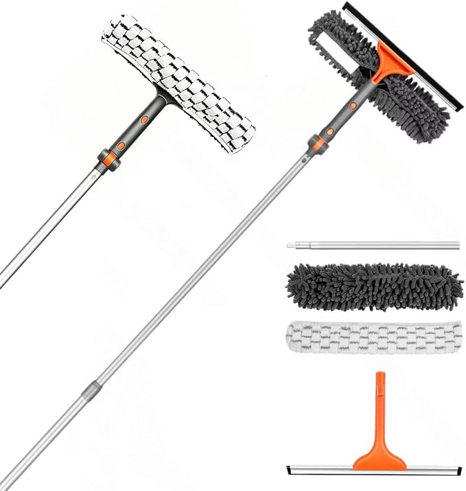 2-in-1 Window Squeegee for Home, 62" Extension Pole Window Cleaning Kit with Bendable Head, Professional Window Washing Equipment for High Indoor Outdoor Glass & Car (with 2 Cleaning Cloth)