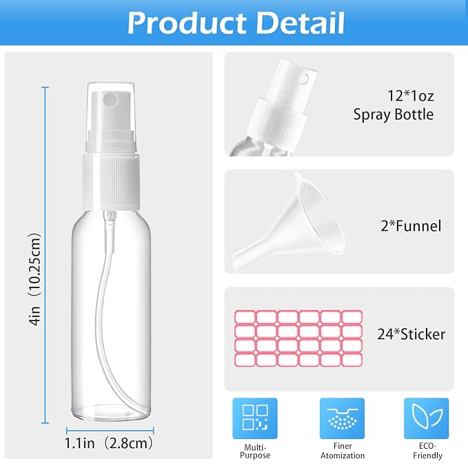 Zoizocp Spray Bottles, 1oz/30ml 12 Pack Clear Mini Travel Bottle Set | Empty Fine Mist Plastic Mini Travel Bottle Set, Small Refillable Liquid Containers with 2 Pcs Funnels and 24 Pcs Labels