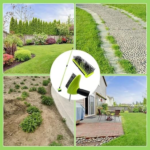 SakerPlus 3-in-1 Versatile Weed Brush Combo Set with Long Handle (2) | Crack Weeder Brush, Wire Floor Scrubber, Triangular Brush, Scraper, Steel Wire Bristles for Patio, Driveway, Deck