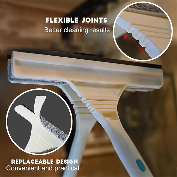 61" Window Squeegee with Long Extension Pole, 2-in-1 Streak-Free Glass Washer & Scrubber Kit with 5 Reusable Microfiber Pads & Clips, Professional Window Cleaning Tool for Home Outdoor High Windows