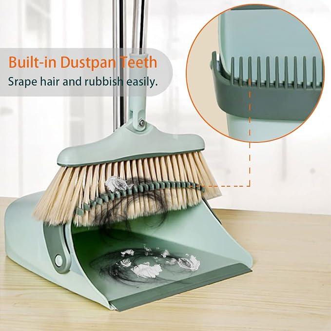 Broom and Dustpan Set for Home, Long Handle Dust Pan and Broom Combo for Indoor Outdoor Heavy Duty Dustpan Set for Kitchen Lobby Office Upright Standing Dustpan with Teeth (Green)
