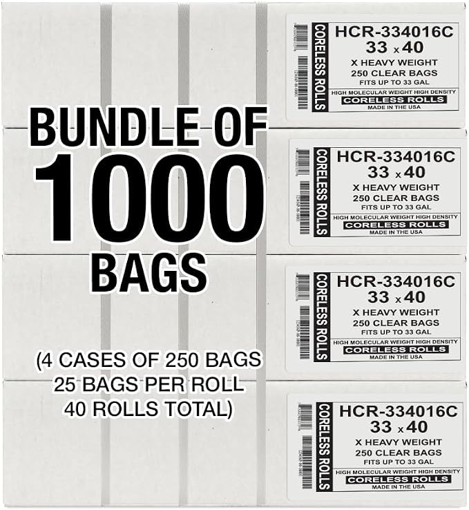 Aluf Plastics High Density Trash Bags, 33 Gallon, 1000 Count, 16 Micron (eq), 33" x 40", Clear, for Bathroom, Office, Industrial, Commercial, Janitorial, Municipal, Recycling