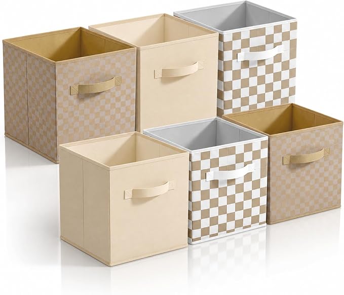 Chunful 6 Pcs 11 Inch Gingham Fabric Storage Cube Bin Woven Foldable Checkered Storage Cube for Classroom Basket Bin Organizer with Handle Decor for Organizing Clothes, Toy, Book