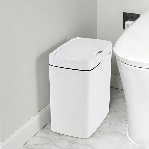 15L Smart Automatic Trash Can with Motion Sensor Lid | Small Touchless Garbage Can, Quiet Close, Easy-Clean White Design for Bathroom, Bedroom, Office