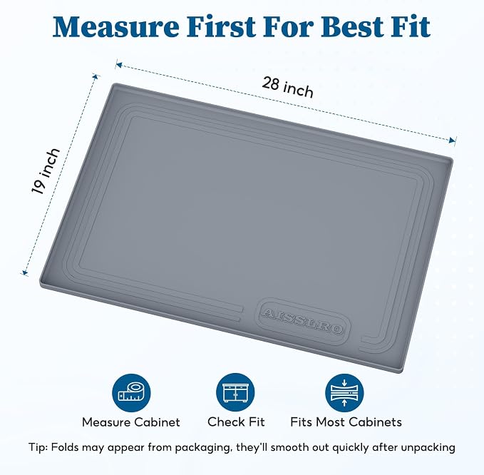Waterproof Under Sink Mat 28"x19", Silicone Mat, Dark Gray | BPA-Free Shelf Liner, Raised Edge Traps Spills & Leaks, Bathroom, Kitchen Cabinet, for Boots, Pets, Home Essentials Organizer