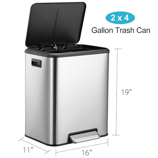 GAOMON Kitchen Dual Trash Can and Recycling Bin, 2 x 4 Gallon Stainless Steel Trash Can, 30 Liter, Removable Inner Bin and Soft Close Lid, Suitable for Home, Office, Business - Silver