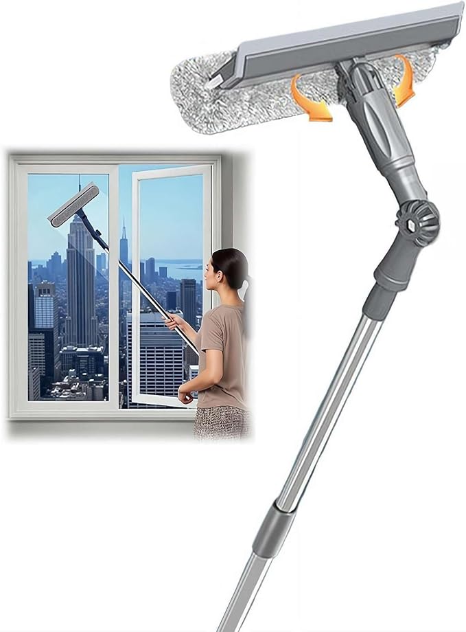 Window Cleaning Equipment, 163 cm Long Handle Professional Shower Glass Washing Brush, Extendable Professional Windshield Cleaner Kit, Scraper and Microfiber Pad Combo for Glass Wall Car Home Kitchen