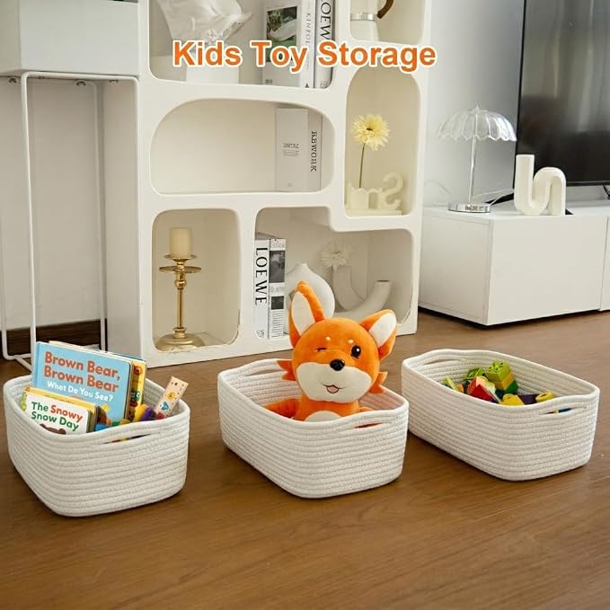 3Pack Small Woven Storage Baskets for Shelves Organizing | Cotton Rope Closet Organizer Bins, Basket for Gifts Empty, Nursery, Living room, Dog Toy Basket 13.2x8.2x5.2 in, White