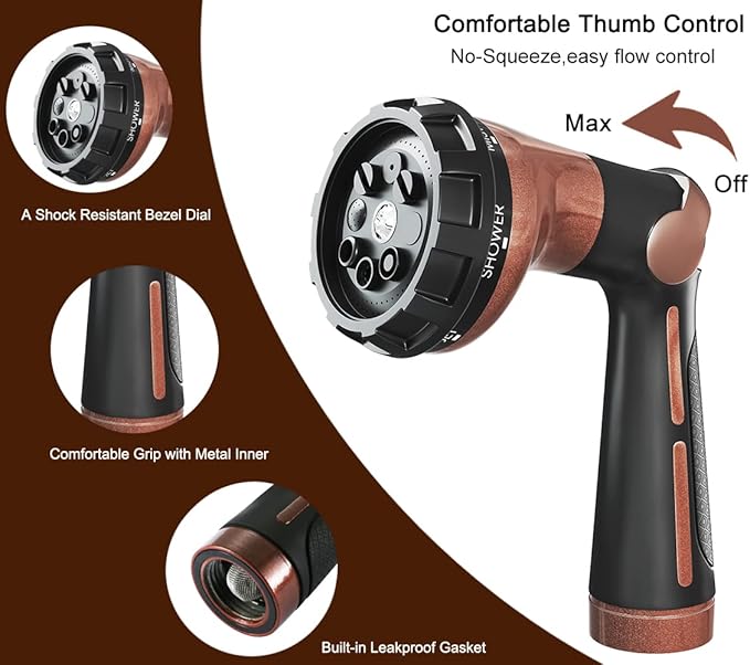 FANHAO Heavy Duty Garden Hose Nozzle, Metal Hose Sprayer Easy Thumb Control | 8 Spray Patterns, Rustproof Water Nozzle, Non-Slip Ergonomic Grip, Elder & Child Friendly for Garden, Car & Pet, Brown