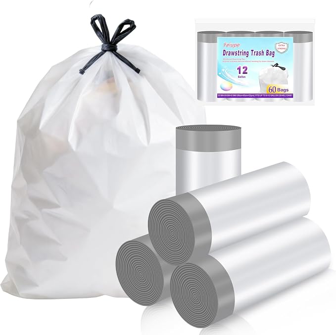 12 Gallon Drawstring Trash Bag,60 Counts Extra Strong Garbage Bags Fit Up to 8-12 Gallon Can,Thick Trash Can Liners for Kitchen & Household Use (12, Gallons)