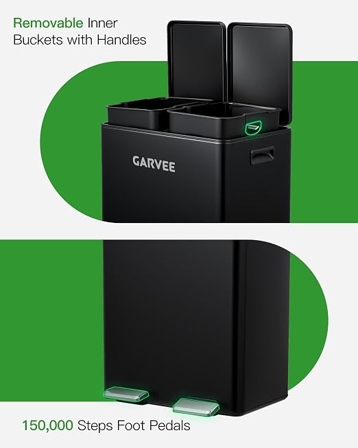 Garvee 16 gal Dual Compartment Stainless Steel Trash Can with Inner Buckets | Step Pedal Trash Can, Heavy Duty Recycling Bin with Lid & Step Pedal, for Kitchen, Office, Home, Commercial Use，Black