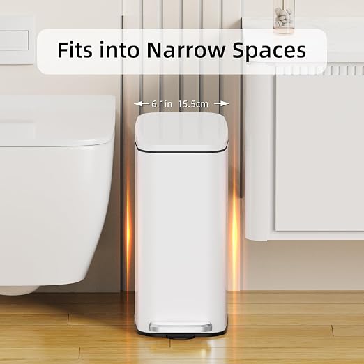 KSSKSS Small Bathroom Trash Can with Lid Soft Close, Step Pedal, 6L / 1.6 Gal Stainless Steel Garbage Bin with Removable Inner Bucket, Slim Wastebasket for Narrow Spaces (White)