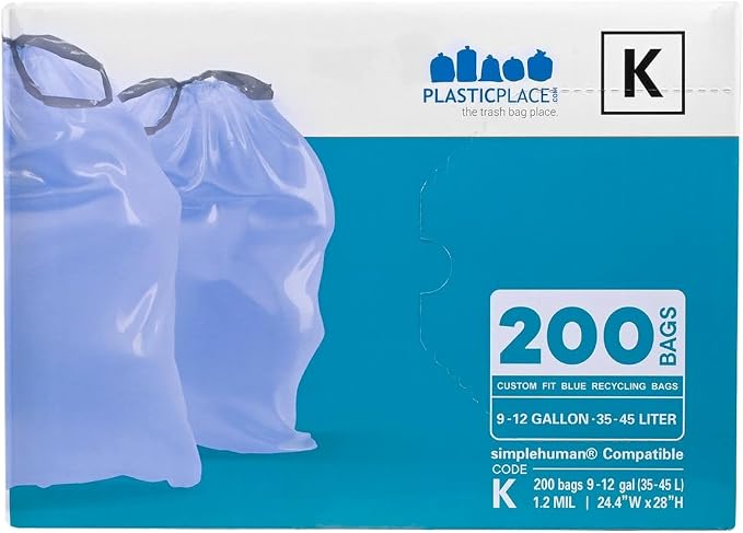 Plasticplace Custom Fit Trash Bags, Compatible with simplehuman Code K (100 Count) Tinted Blue Drawstring Garbage Liners 10 Gallon / 38 Liters, 24" x 28"