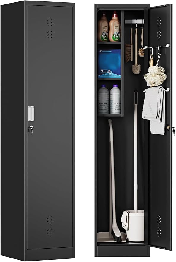 Broom Closet Storage Cabinet,Metal Cleaning Supply Tool Cabinet,Utility Cabinets for Brooms & Mops Black Garage Organization Cabinet for Laundry Room, Bathroom