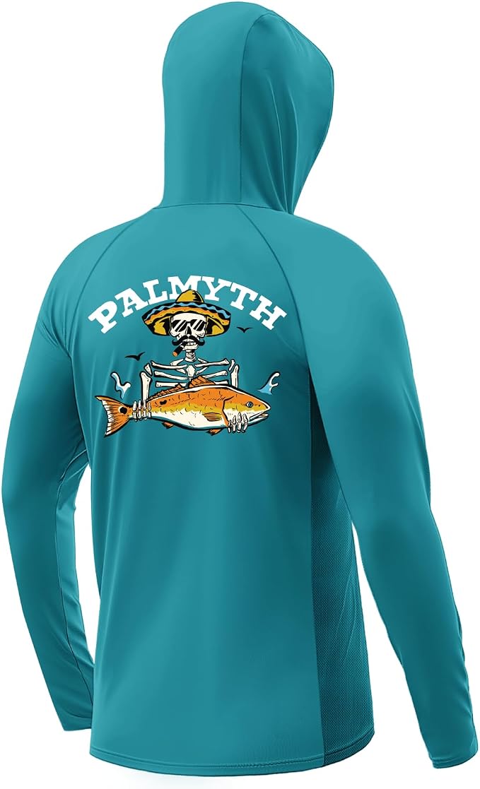 Palmyth Men's Fishing Hoodie UPF 50+ Long Sleeve with Face Mask Neck Gaiter | Zipper Pocket, Thumb Loops, Quick-Dry, Side Mesh Panels, Lens Cleaning Cloth