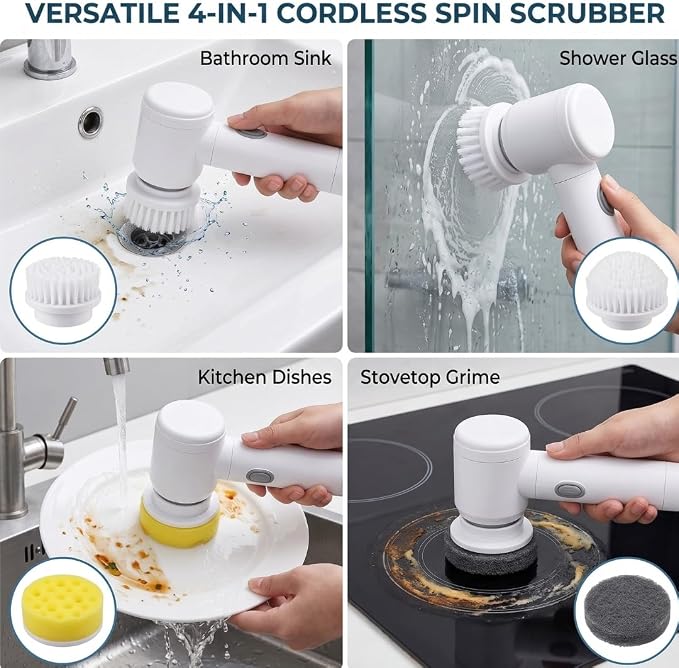 Electric Spin Scrubber - Cordless IPX7 Waterproof Shower Scrubber with 2 Speed Settings and 6 Replaceable Heads，Electric Cleaning Brush for Bathroom，Kitchen and Windows