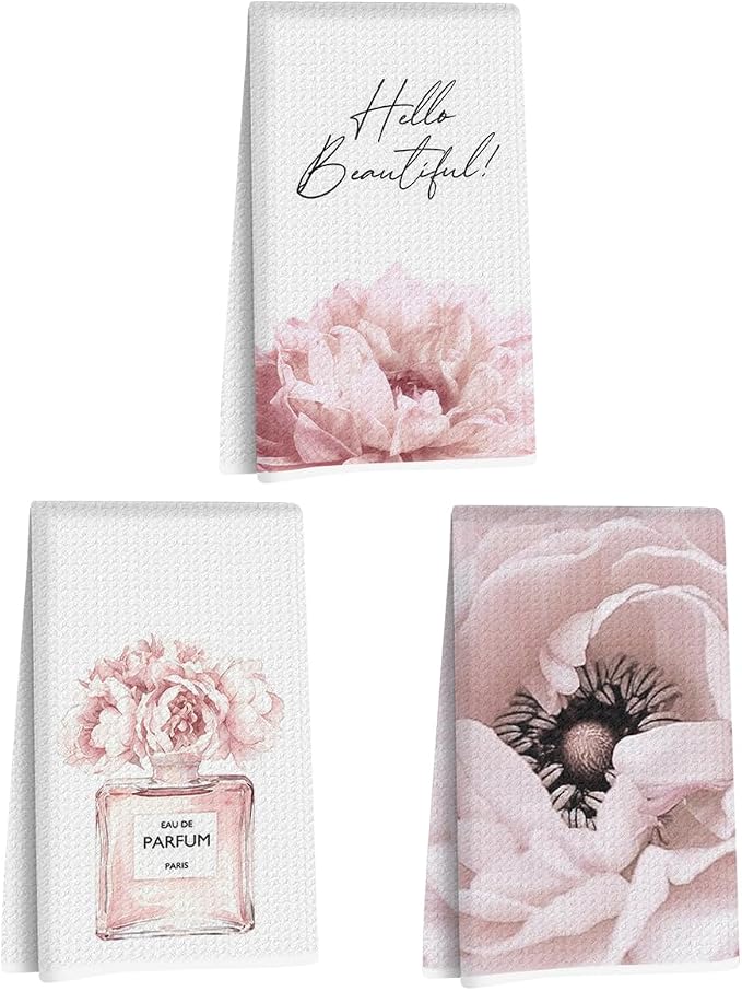 3 Pcs Pink Hand Towels, Perfume Flower Decor Reusable Dish Towels | Fashion Gifts for Women Girls Mom Friend, Waffle Weave Microfiber Towels for Bathroom Home Decor 24x14 Inch