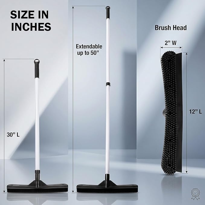 ForPro Premium FurBeGone Rubber Broom, Pet Hair Remover for All Floor Types, 12” Electrostatic Rubber Bristles, 50” Adjustable Telescopic Handle, Heavy Duty Floor & Salon Hair Broom