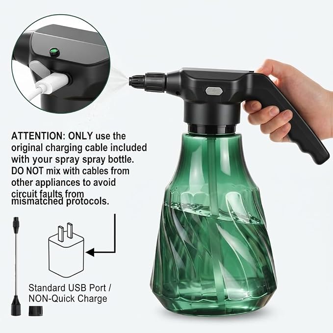 Electric Plant Mister, Rechargeable Spray Bottle for Garden | 0.53 Gallon portable sprayer with adjustable nozzle; features fine mist and continuous spray for indoor plants