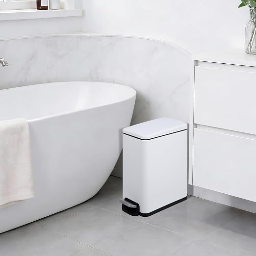 Slim Narrow Kitchen Trash Can with Lid, 10L Stainless Steel Step Pedal Garbage Can, Soft Close & Stay Open Lid Design, Space Saving Trash Bin with Removable Inner Bucket for Kitchen, Bathroom,White