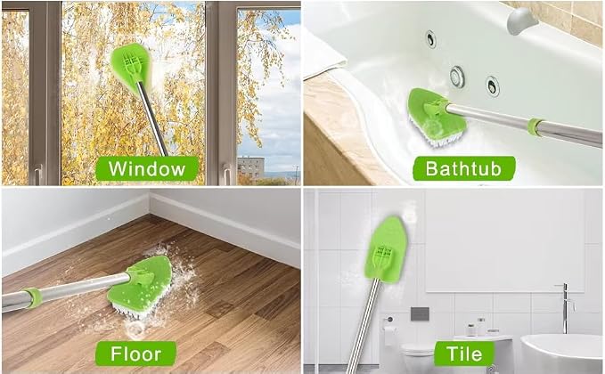 4-in-1 Tile Tub Floor Scrubber with 52-inch Adjustable Long Handle Shower Cleaner Brush with V-Shaped Grout Brush and 3 Replacement Brush Heads for Cleaning Bathroom Kitchen Walls Tub Tile