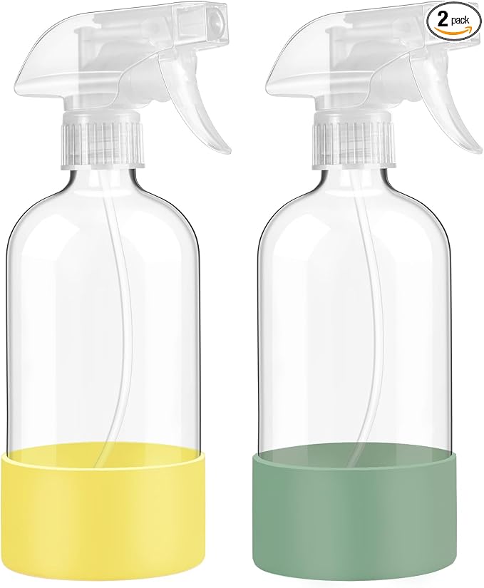 16 oz 2 Pack Glass Spray Bottles with Silicone Sleeve Olive Green&Yellow | Leak Proof Empty Refillable Containers, Reusable Spray Bottles with Adjustable Nozzle for Hair, Cleaning and Plants