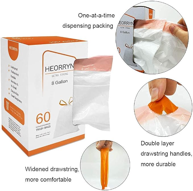 8 Gallon Drawstring Trash Bags,0.79 Mil Strong 60 Count Medium Garbage Bags | Ultra Strong Medium Trash Bags with Drawstring Closure,Unscented White Garbage Bags for Kitchens,Offices and Daily Cleanup