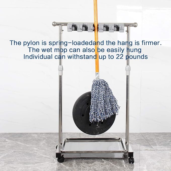 movable mop broom holder put wet mops floor standing cleaning tool rack stainless for schools, hospitals, factories, hotels, restaurant, etc.