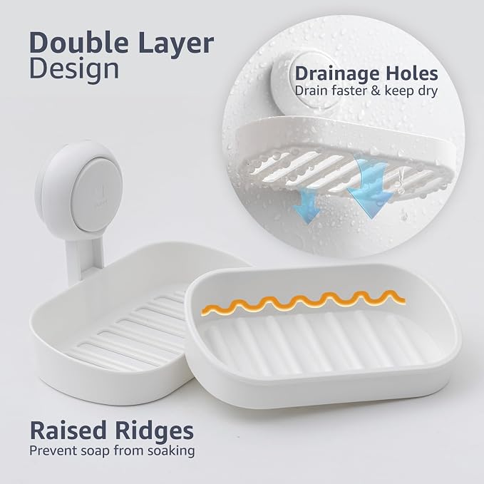 LEVERLOC Soap Holder, Soap Dish for Shower, Suction Cup Bar Soap Holder | 2 Set Soap Bar Holder for Shower, Wall Mounted Self Draining, NO Drill Sponge Holder for Bathroom, Bathtub Kitchen Sink