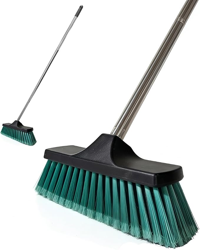 Small Floor Scrub Brush with 4-Section Stainless Steel Handle, 52" Adjustable Long Handle, 5-Row Dense Flagged Bristles, for Tile, Bathroom, Patio, Indoor & Outdoor Cleaning (Black+Green)