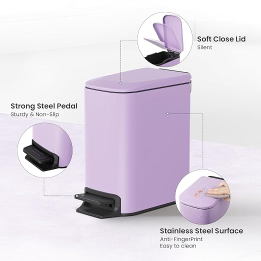Cesun Small Bathroom Trash Can with Lid, 1.6 Gal, Soft Close, Purple | Step pedal soft close, Slim 5.9in fits narrow spaces, Stainless steel, Anti-fingerprint, Removable inner bucket, Odor seal