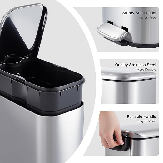 3.2 Gallon/12L Stainless Steel Step Trash Can, Soft Close Pedal Garbage Bin with Detachable Inner Bucket,Fingerprint Resistant,Dual-Use Waste & Recycling Container for Home Kitchen, Bathroom and Offic
