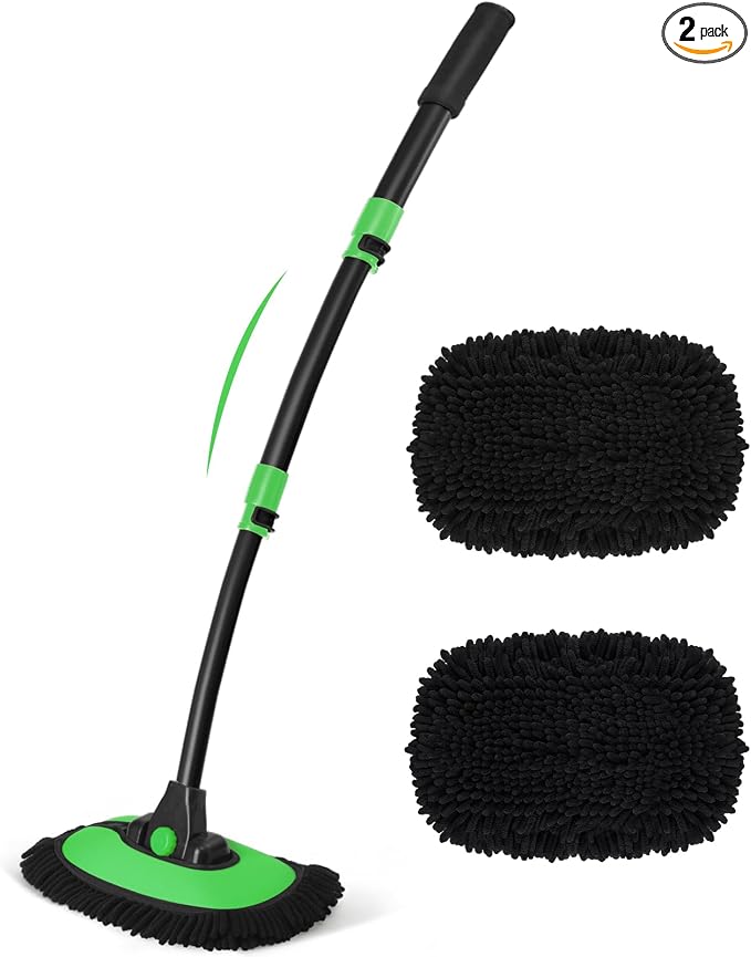 HIPPIH 15° Curved Car Wash Brush with Long Handle, 2 Scratch-Free Mop Heads | 43" Microfiber Car Cleaning Brush with Extension Pole, Exterior Car Wash Supply Kit for Roof RV Truck Camper SUV Caravan Boat