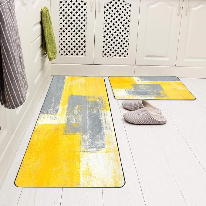 TOMWISH Grey and Yellow Kitchen Mat Non Skid Washable Kitchen Rug | Yellow Abstract Art Painting Kitchen Sink Rug 2 Piece Floor Mats for Home Kitchen 18"X48"+18"X30" Decor and Accessories