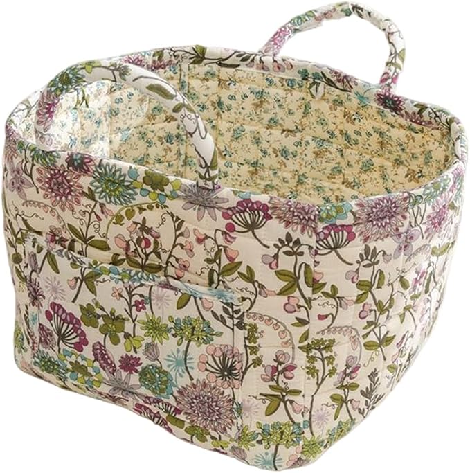 Foldable Laundry Boho Floral Quilted Storage Bin Basket with Handles for Clothes, Car Organizer, Collapsible Hamper ，3