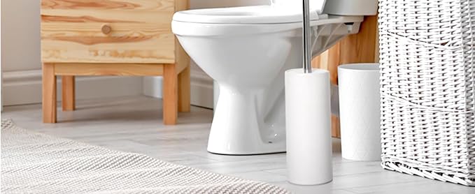 Matt White Ceramic Toilet Brush and Holder Set | Freestanding Toilet Bowl Cleaners Brush, Scrubber Brush for Toilet, Bathroom Accessories with Stainless Handle, Deep Cleaning