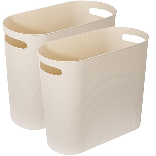Small Bathroom Trash Can, 3.5 Gallon Slim Garbage Can, 2 Pack Cream | Plastic Waste Basket with Handles for Bathroom, Bedroom, Dorm, Kitchen, Office and Narrow Spaces