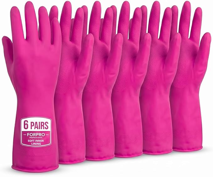 ForPro Natural Rubber Gloves, 6 Pairs Reusable Multi-Purpose Household Cleaning Gloves with Soft Inner Lining, Waterproof & Chemical-Resistant, Cotton Candy, Medium