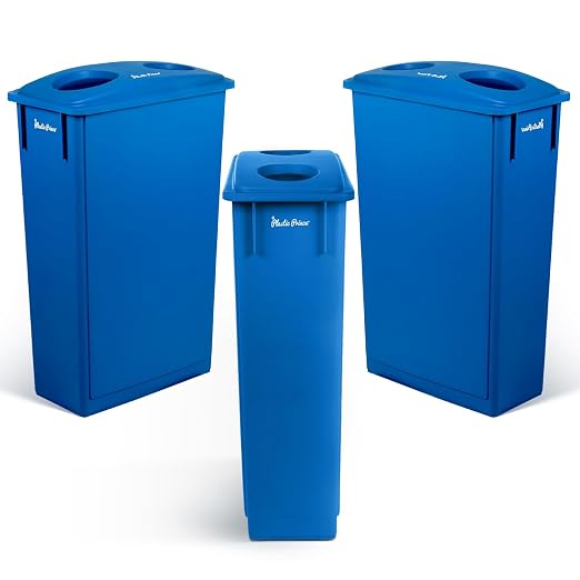 PLASTIC PRINCE 23 Gallon Slim Trash Can with Recycling Lid for Bottles and Cans, Blue Commercial Rectangular Garbage Can, Waste Bin for Home Kitchen Office Cabinet 3 Pack