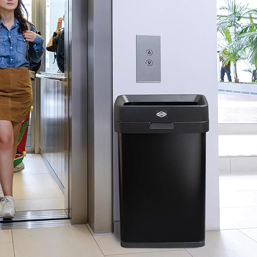 Clorox Slim Open Top Stainless Steel Trash Can, Matte Black, 13 Gal / 50L | Narrrow Rectangular Garbage Bin with Hinged Rim Protection for Commercial Spaces, Kitchen, and Office Use