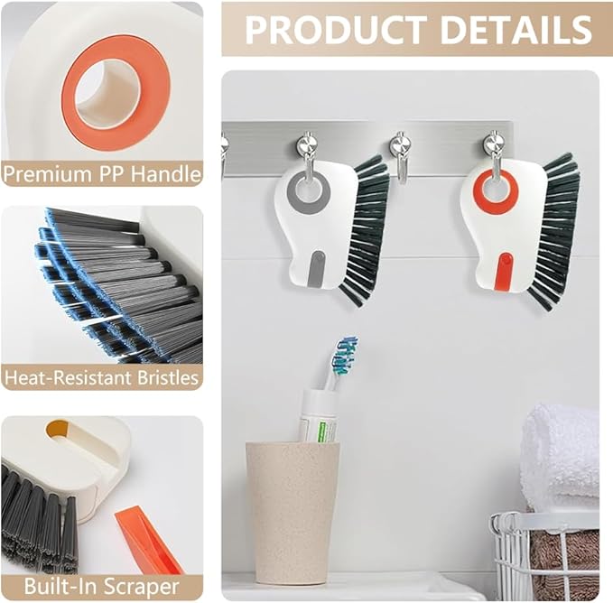 2 in 1 Groove Cleaning Brush, Window Track Cleaning Tools (Orange) | Multifunction Window Track Cleaner with Hard Bristle and Hidden Scraper, Crevice Brush for Sliding Door Track, Window Seal