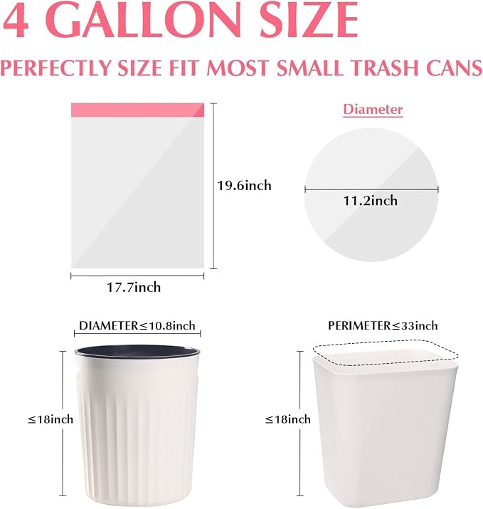 Small Trash-Bags-Bathroom 4 Gallon Drawstring Garbage-Bag - Kitchen Bedroom Car Size Unscented Clear White 90 Count Recycle Plastic Tall Liners for Office Outdoor Garden Waste Basket Can Heihaily