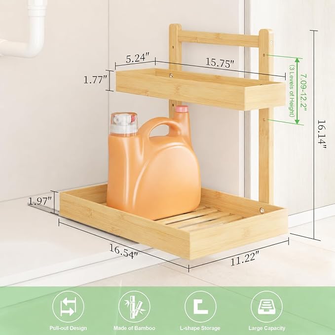 Bamboo Under Sink Organizer 2 Pack, 2-Tier Pull Out Cabinet Organizer | Kitchen Sink Organizer | Bathroom Cabinet Organizer | Cleaning Supply Storage | L-Shape | 3-Level Adjustable | Natural Bamboo