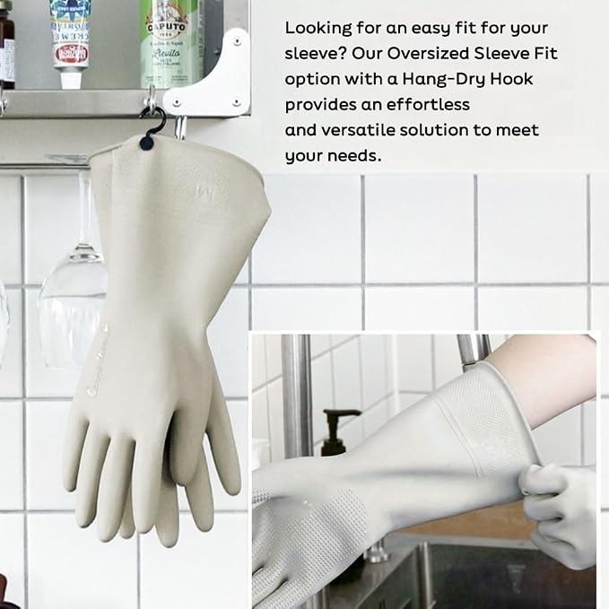 Myungjin 2 Pairs Reusable Waterproof Non-Slip Honeycomb Grip Latex Rubber Gloves with Hang-Dry Hooks/Hanging Loops for Dishwashing Household Cleaning Cooking (Medium)