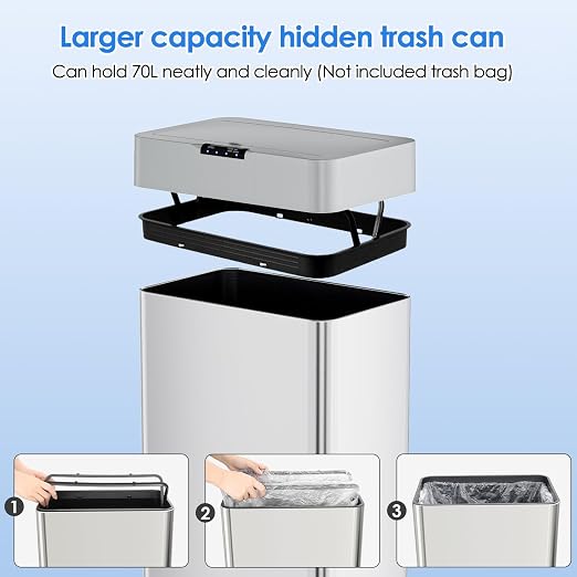 Sensor Trash Can, Touchless Motion Sensor Trash Bin | Smart Automatic Garbage Can with Soft-Close Lid, Bag Retainer Ring and Display Light, for Kitchen, Office (Silver, 16 Gal)